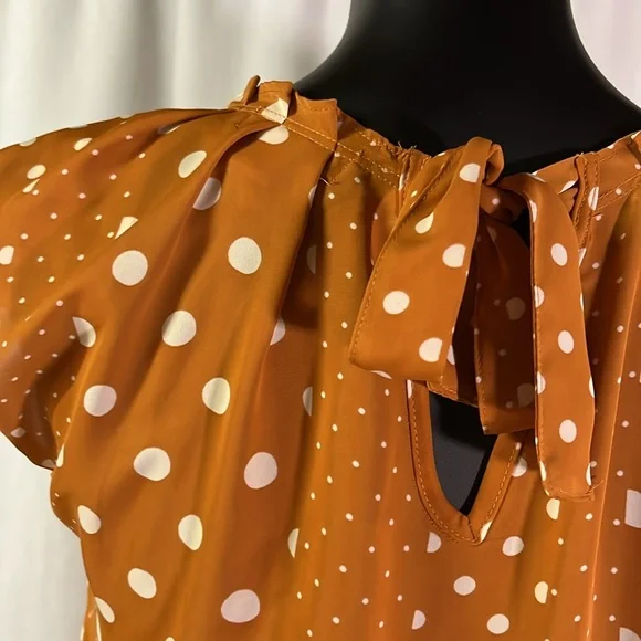 NWT LC Lauren Conrad Burnt Orange Polka Dot Print Pleat Neck Blouse - Picture 11 of 16